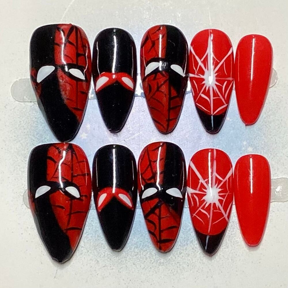 Halloween Cosplay Red & Black Spiderman Almond Press-On Nail Medium & Large